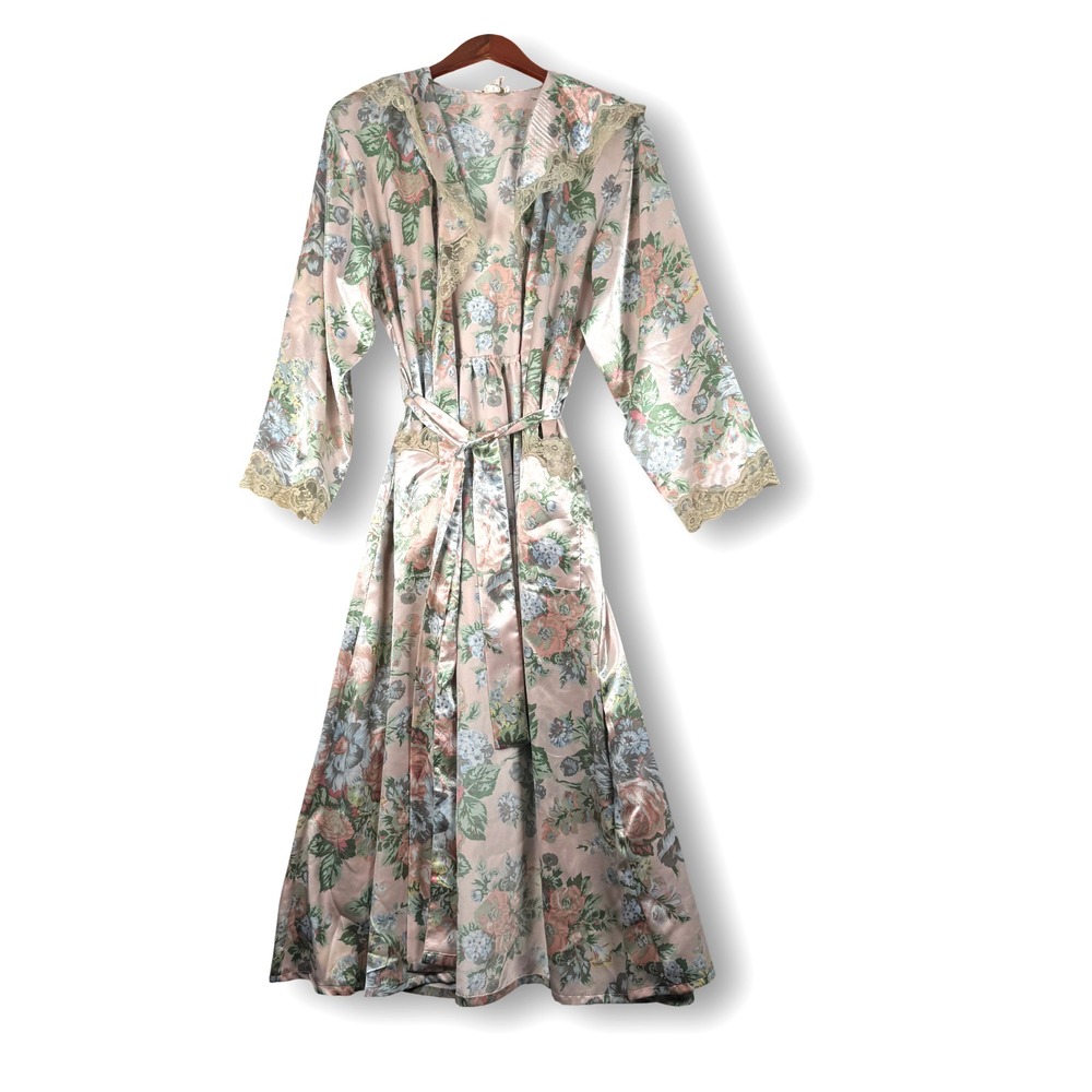 Vtg Victorias Secret Womens Floral Robe Lace Ruffle Sz M Medium